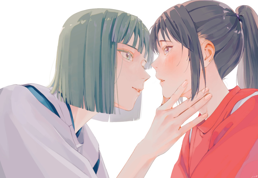 1boy, 1girl, aegyo_sal, black_hair, blunt_bangs, blunt_ends, blush, bob_cut