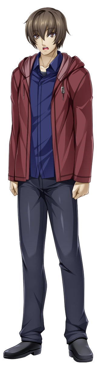 1boy, arms_at_sides, black_pants, blue_shirt, brown_eyes, brown_hair, casual, clenched_hands