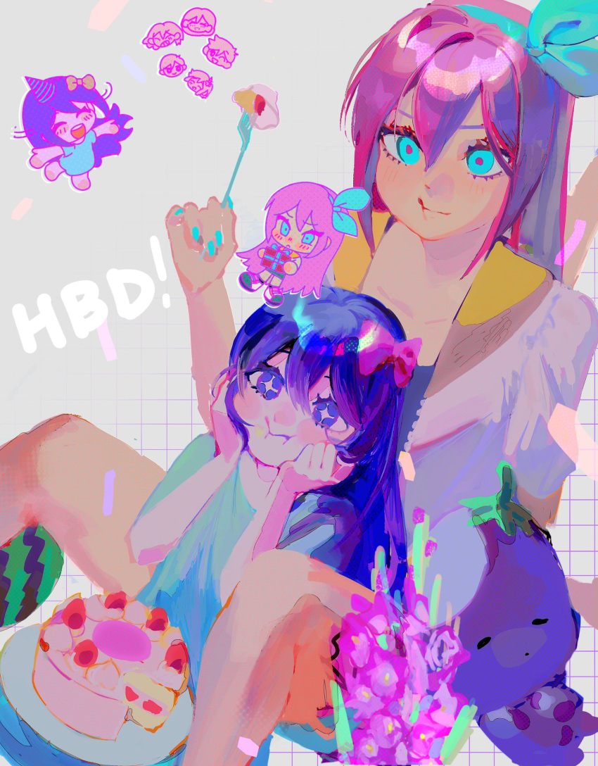 +_+, 2girls, :t, aqua_dress, aqua_eyes, aqua_hairband, aqua_nails, aubrey_(faraway)_(omori)