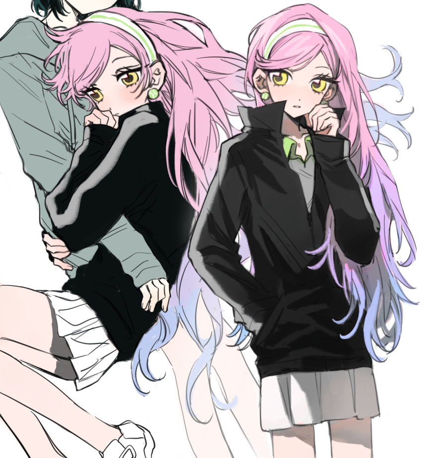 2girls, alien_stage, black_hair, black_jacket, blue_hair, earrings, green_hairband, grey_hoodie