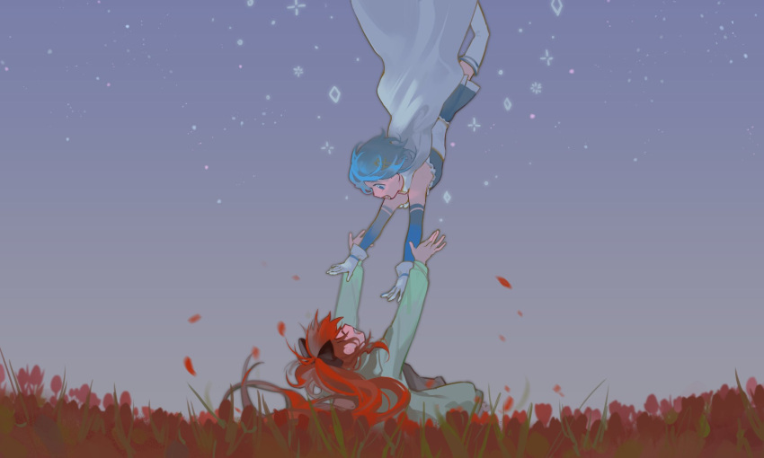 2girls, arms_up, blue_eyes, blue_hair, blue_sky, bow, cape, commentary_request