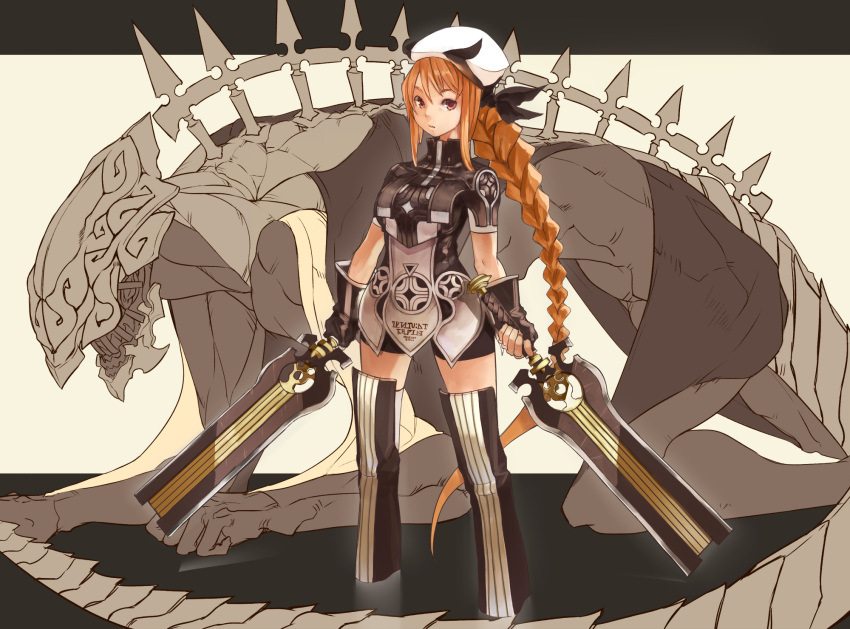 creature, fingerless_gloves, gloves, hat, highres, long_hair, orange_hair, original