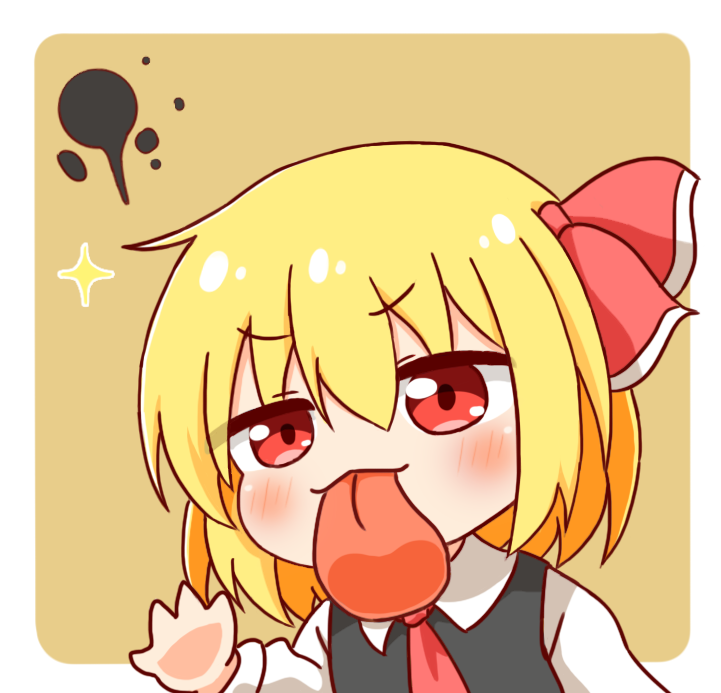 1girl, ascot, black_vest, blonde_hair, blush, chibi, commentary_request, hair_ribbon