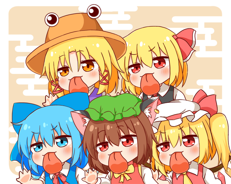 5girls, animal_ear_fluff, animal_ear_piercing, animal_ears, ascot, black_vest, blonde_hair, blue_bow