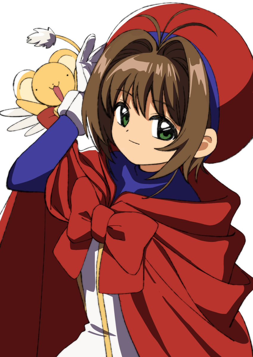 1girl, 7ben9i, absurdres, beret, bow, brown_hair, cape, cardcaptor_sakura