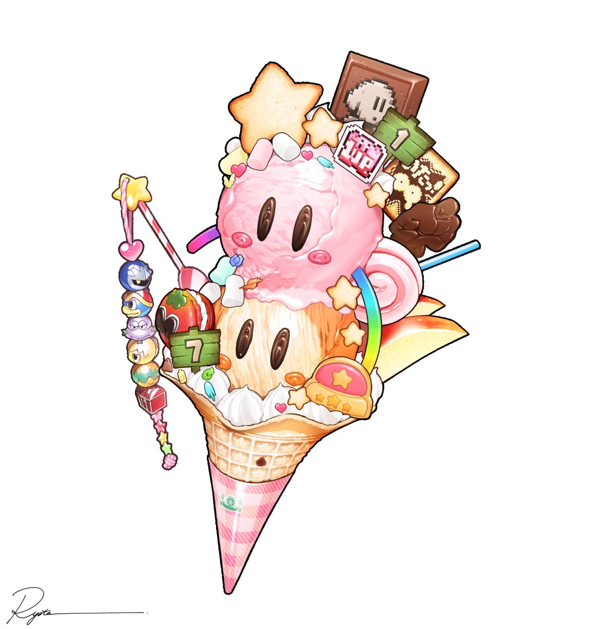 1up, apple, apple_slice, bun_(kirby), candy, character-themed_food, character_request, commentary