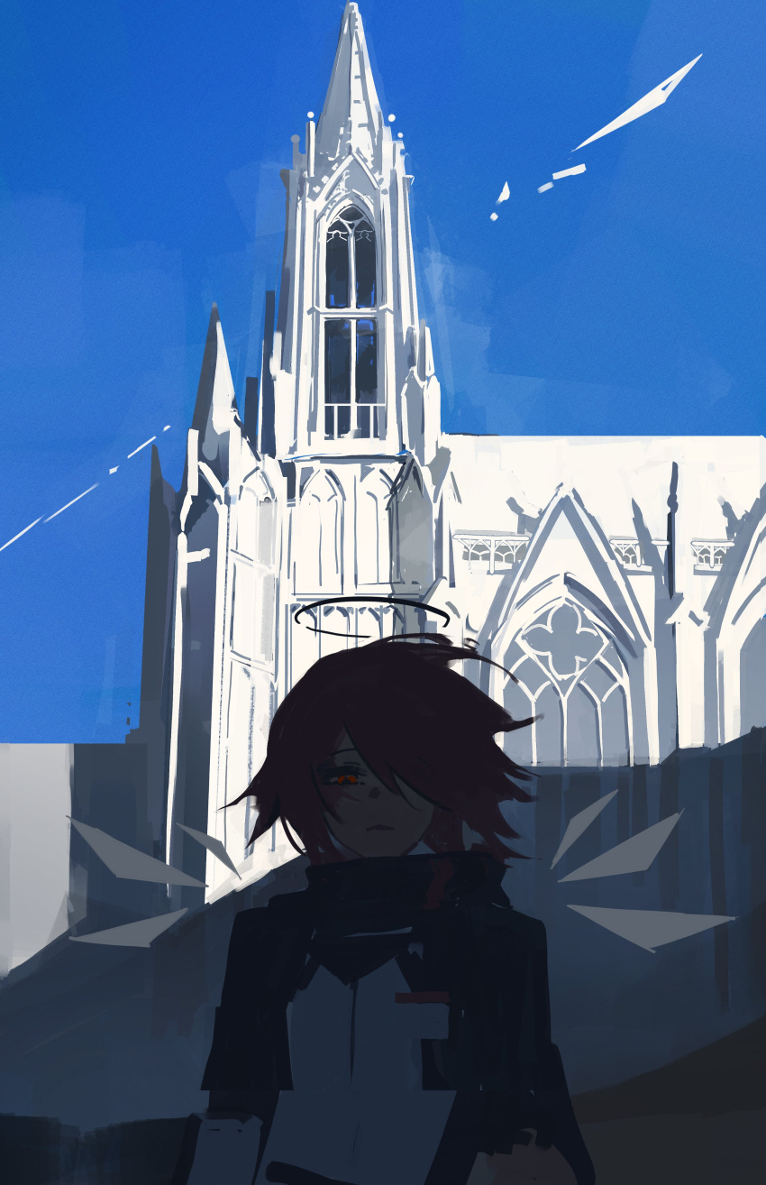 1girl, absurdres, arknights, blue_sky, building, church, detached_wings, exusiai_(arknights)