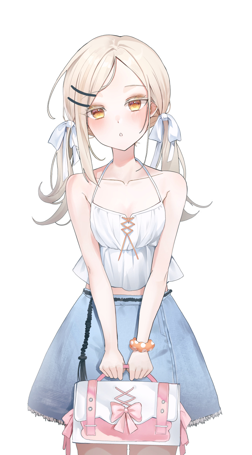 1girl, :o, absurdres, bag, bare_shoulders, belt, black_belt, blonde_hair
