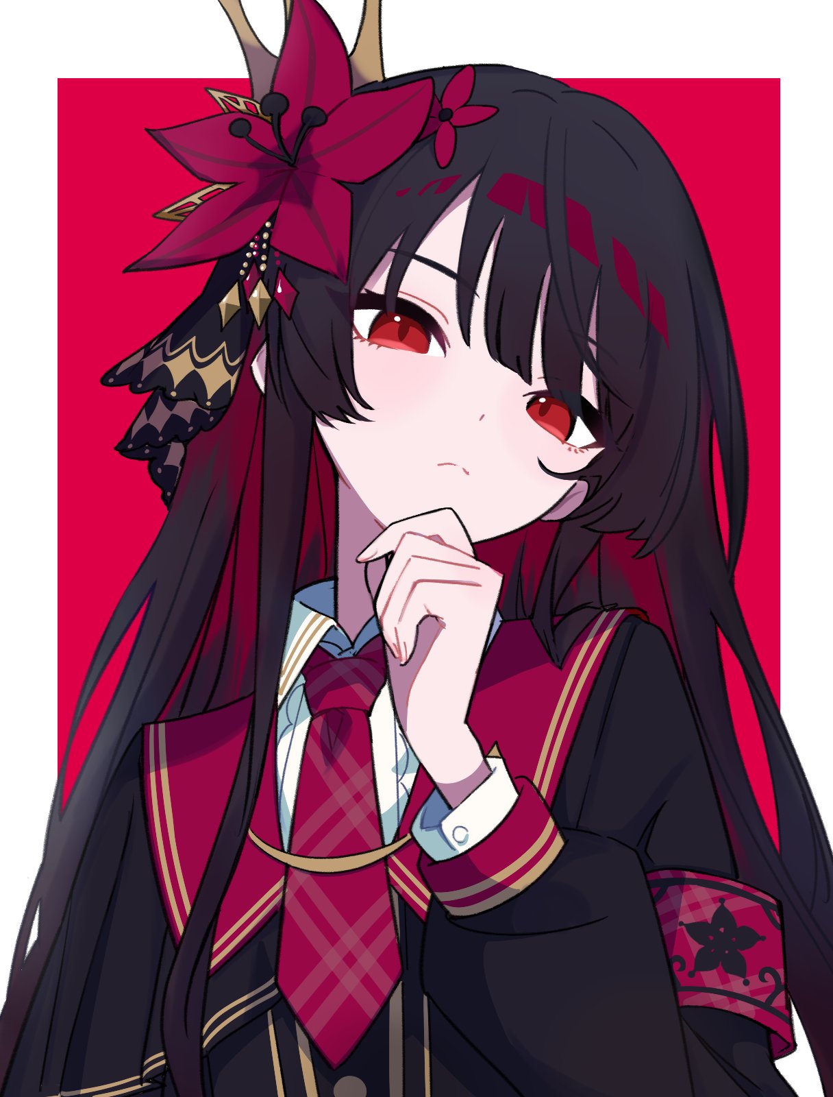 1girl, armband, black_hair, black_shirt, border, closed_mouth, collared_shirt, commentary_request