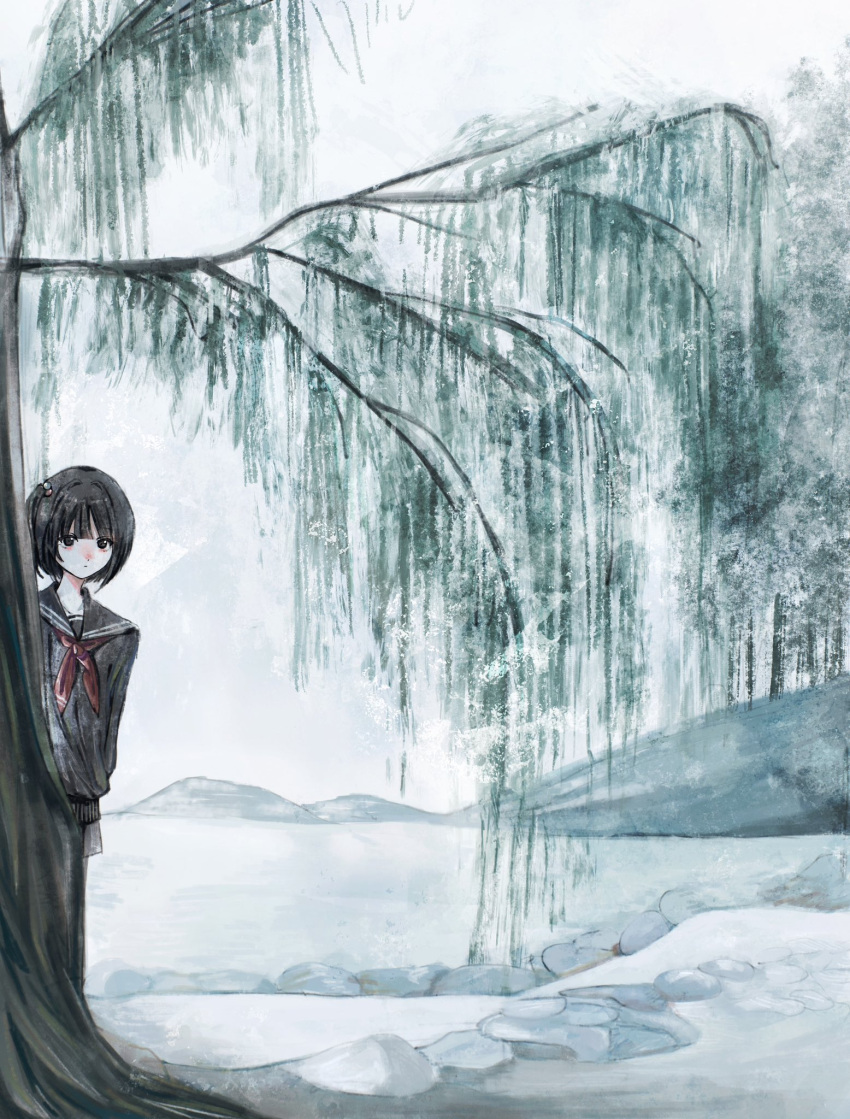1girl, amemori_sayo, amemori_sayo_(1st_costume), arm_behind_back, behind_tree, black_eyes, black_hair, black_sailor_collar
