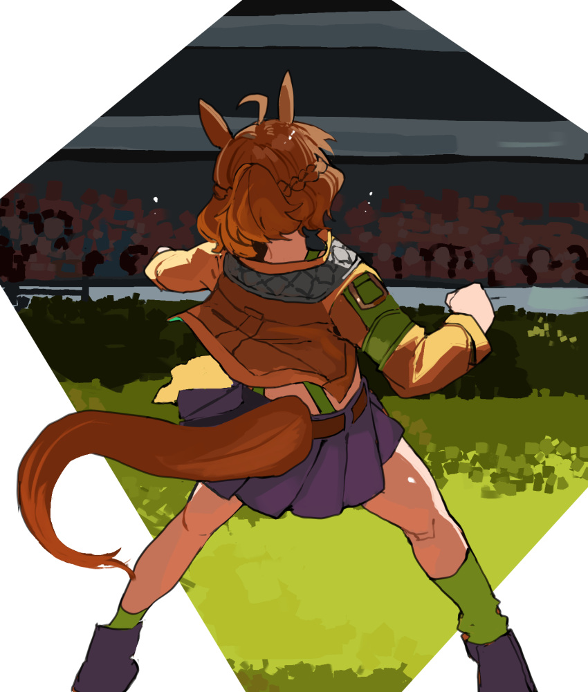 1girl, ahoge, animal_ears, braid, brown_hair, feet_out_of_frame, fpwgfnrixm35508, from_behind, green_socks, half_up_braid, highres, horse_ears, horse_girl, horse_racing_track, horse_tail, jacket, jungle_pocket_(champion's_battle_cry)_(umamusume), jungle_pocket_(umamusume), long_sleeves, pleated_skirt, skirt, socks, solo, tail, tail_through_clothes, umamusume, yellow_jacket