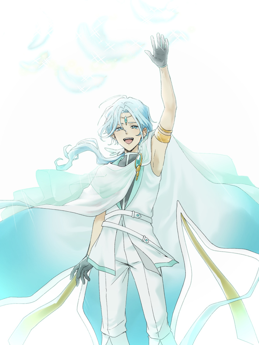 1boy, arm_cuffs, arm_up, armpits, black_gloves, cloak, cure_connect, falling_feathers