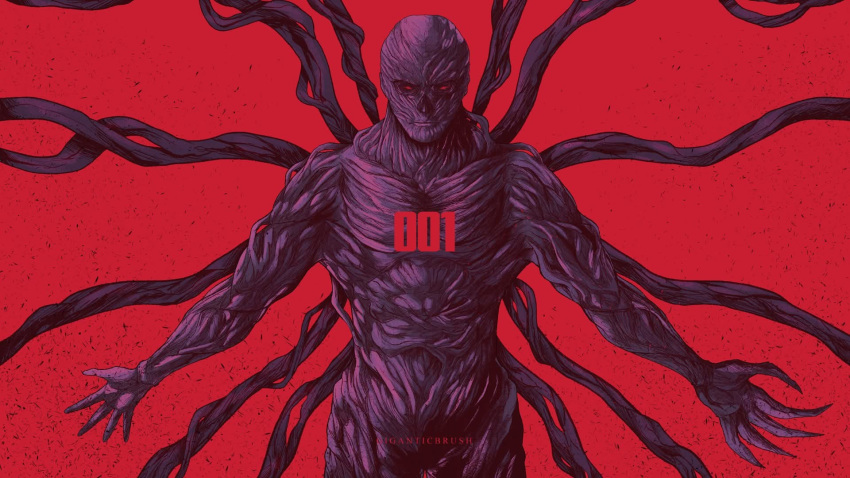 1boy, bald, eldritch_abomination, giganticbrush, hashtag-only_commentary, highres, looking_at_viewer, male_focus, monster, no_nose, number_tattoo, numbered, solo, stranger_things, tattoo, tentacles, vecna_(stranger_things), veins