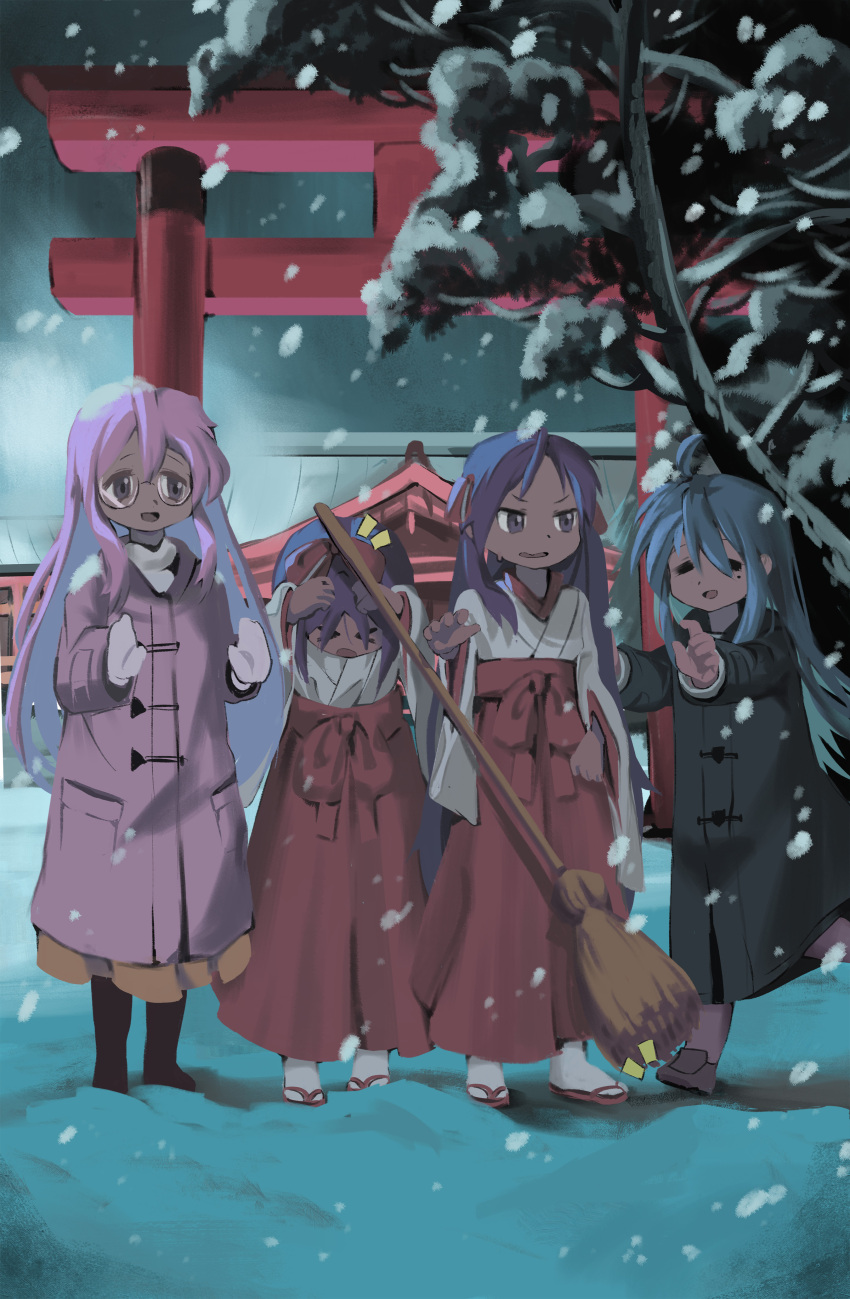 >_<, 4girls, absurdres, ahoge, black_coat, blue_hair, bow, closed_eyes, coat, crinoids, duffel_coat, friends, glasses, hair_bow, highres, hiiragi_kagami, hiiragi_tsukasa, izumi_konata, japanese_clothes, long_hair, lucky_star, miko, mittens, multiple_girls, pink_coat, pink_hair, pink_mittens, purple_hair, red_bow, round_eyewear, short_hair, siblings, sisters, snow, takara_miyuki, torii, twins, twintails, violet_eyes, winter