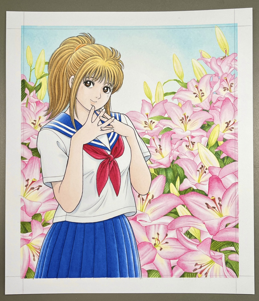 1girl, blue_sailor_collar, blue_skirt, border, brown_eyes, brown_hair, closed_mouth, commentary_request, cowboy_shot, flower, hanamaki_maria, hands_up, highres, konbini_maria, lily_(flower), looking_at_viewer, medium_hair, miura_mitsuru, neckerchief, official_artist_extra, pink_flower, pleated_skirt, ponytail, red_neckerchief, sailor_collar, school_uniform, serafuku, shirt, skirt, smile, solo, traditional_media, white_border, white_shirt