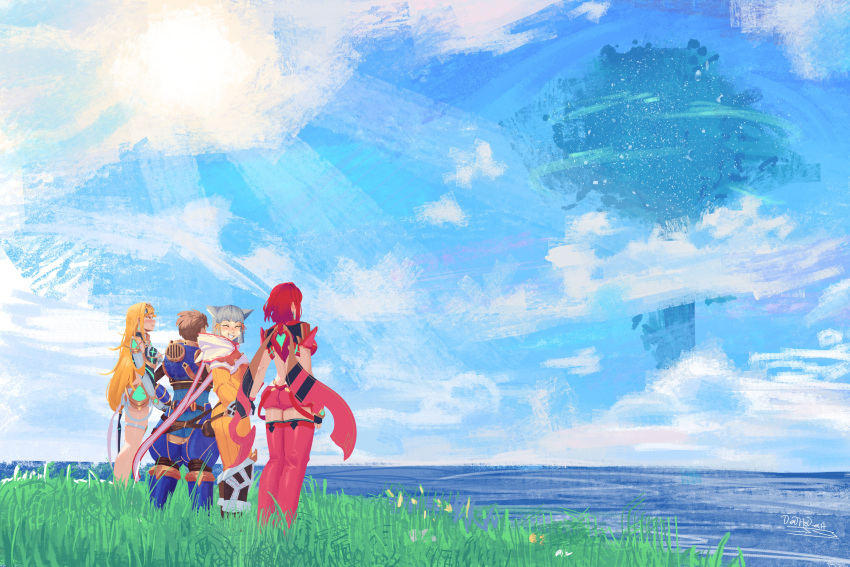 1boy, 3girls, absurdres, blue_sky, blush, chaps, dedhed_art, facial_mark