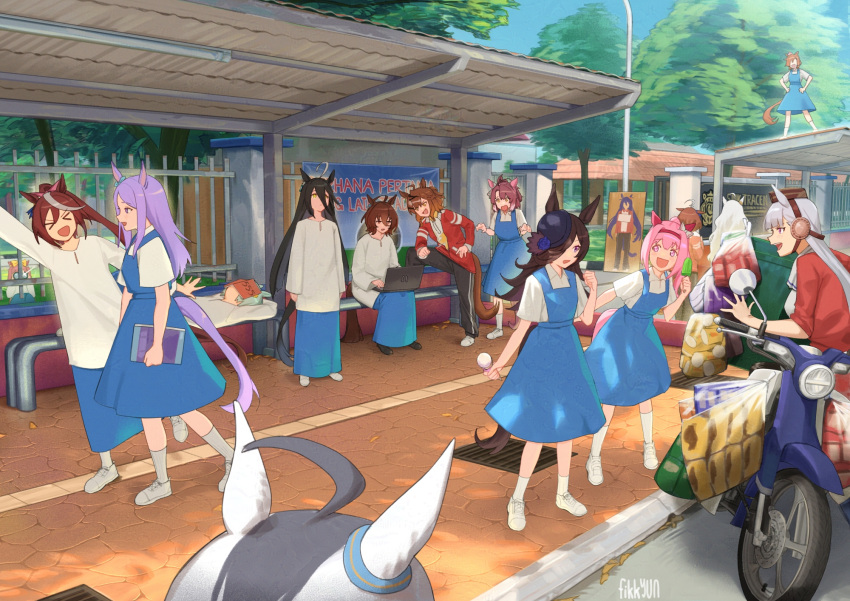 6+girls, agnes_digital_(umamusume), agnes_tachyon_(umamusume), animal_ears, artist_name, baju_kurung, banner, biwa_hayahide_(umamusume)