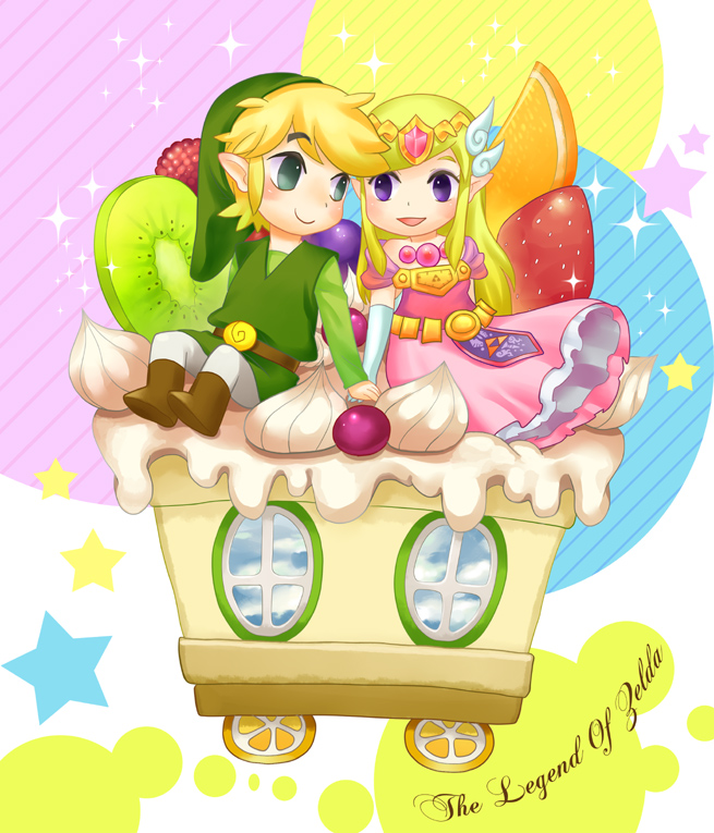 blonde_hair, cake, food, fruit, gloves, hat, link, nintendo