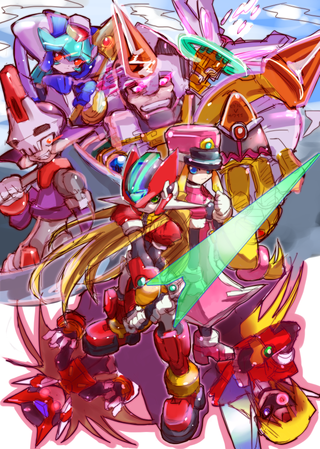 1other, 2girls, 4boys, armor, artist_request, assault_visor, biometal, black_bodysuit