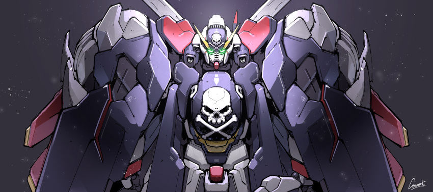 absurdres, commentary, cosmo-5, crossbone_gundam, crossbone_gundam_x-1, crossbone_gundam_x-1_full_cloth, crossbone_vanguard, glowing, glowing_eyes, green_eyes, gundam, highres, looking_at_viewer, mecha, mecha_focus, mobile_suit, no_humans, robot, science_fiction, signature, skull_and_crossbones, solo, upper_body, v-fin