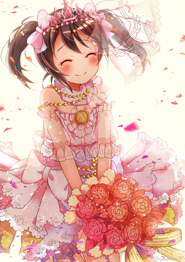 1girl, black_hair, blush, bouquet, bow, bridal_veil, closed_eyes, cowboy_shot