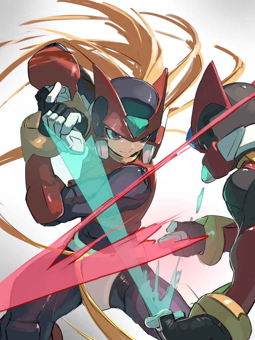 2boys, absurdres, armor, battle, black_gloves, black_helmet, blonde_hair, blue_gemstone
