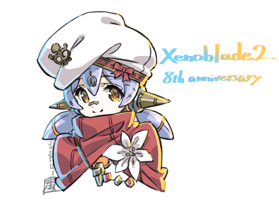 1girl, android, anniversary, bandaid, cape, flower, hat, official_art, poppi_(xenoblade), poppi_alpha_(xenoblade), purple_hair, red_cape, saitou_masatsugu, short_hair, smile, twintails, upper_body, white_flower, xenoblade_chronicles_(series), xenoblade_chronicles_2, yellow_eyes