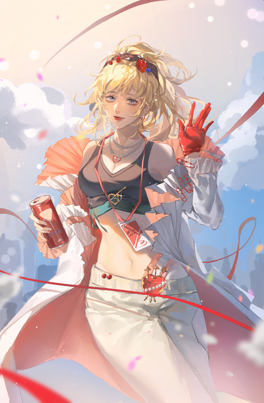 1girl, absurdres, bianca_(path_to_nowhere), black_tank_top, blonde_hair, can, clouds, cowboy_shot