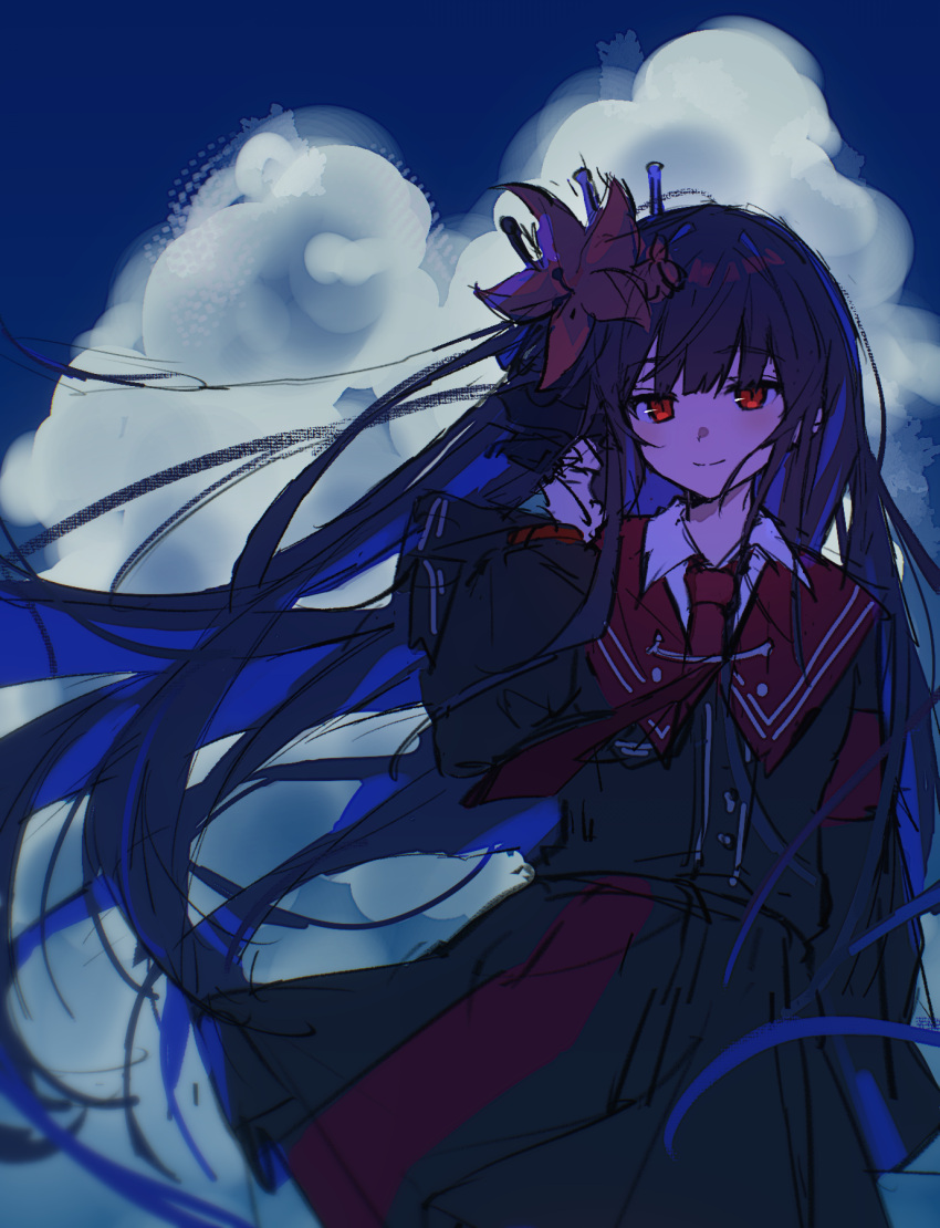 1girl, armband, black_hair, black_jacket, black_skirt, blue_sky, closed_mouth, clouds