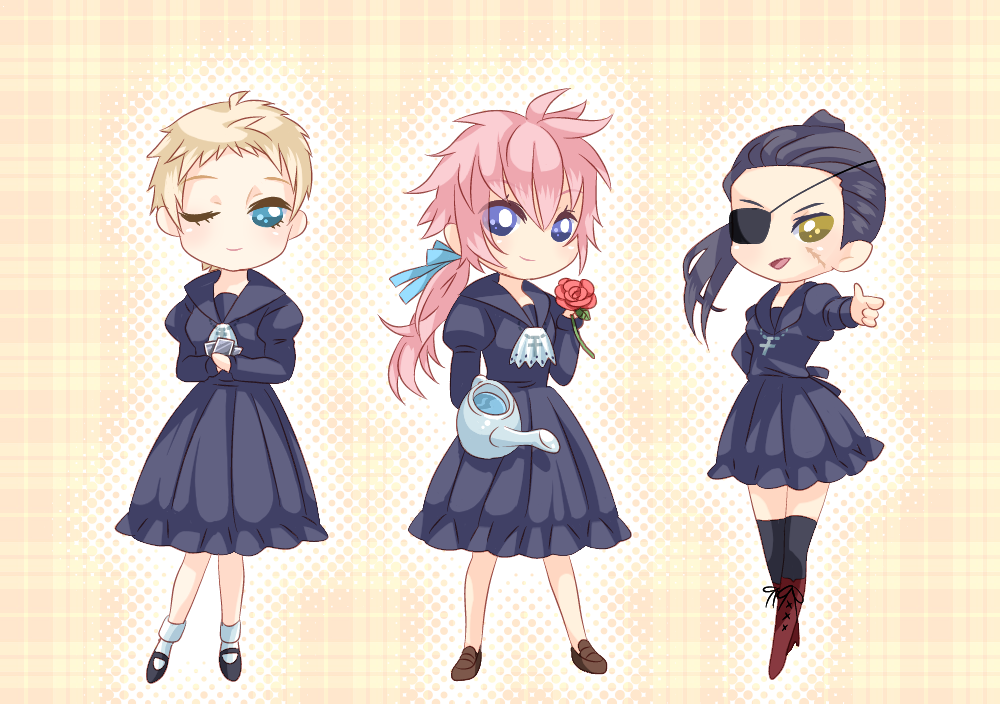 3girls, black_hair, blonde_hair, blue_eyes, dress, eyepatch, flower, genderswap
