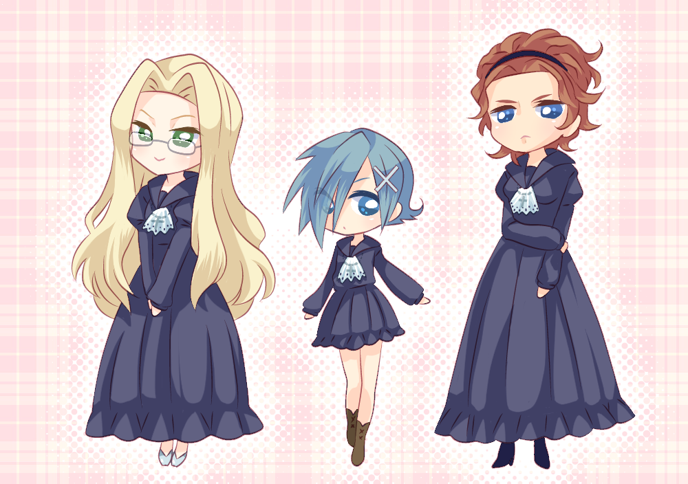 3girls, blonde_hair, blue_eyes, blue_hair, brown_hair, dress, genderswap, glasses