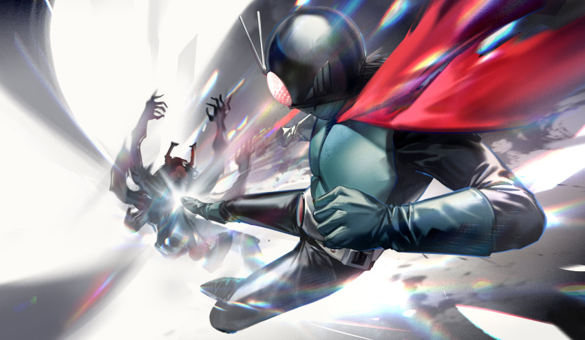 1boy, absurdres, armor, black_bodysuit, bodysuit, commentary, english_commentary, flying_kick