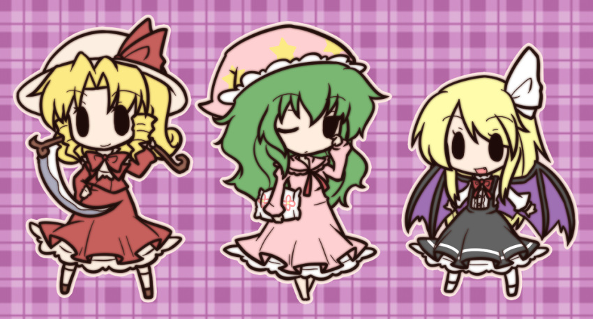 bat_wings, blonde_hair, chibi, dress, elly, fushigi_ebi, green_hair, hair_ribbon