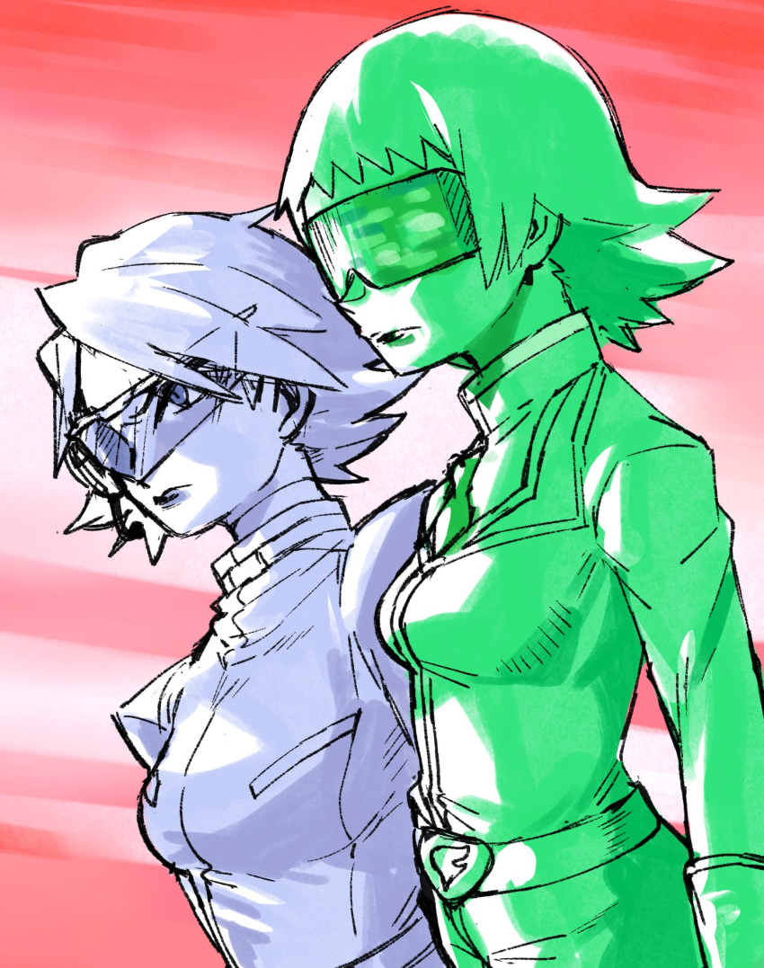 belt, blue_hair, bryony_(pokemon), coat, commentary, english_commentary, green-tinted_eyewear, green_hair