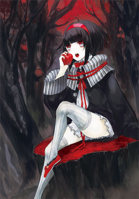 apple, bad_id, bangs, black_hair, blunt_bangs, bowtie, copyright_request, flower