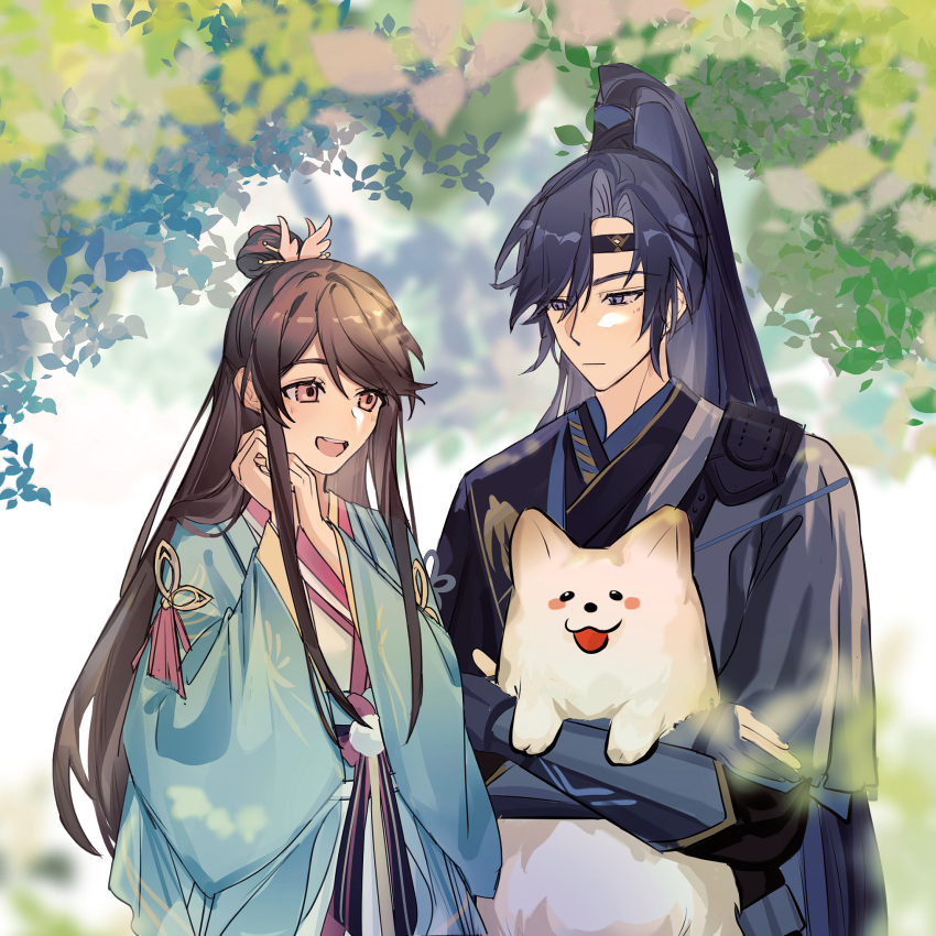 1boy, 1girl, :d, animal, black_headband, blue_hanfu, blurry, brown_eyes