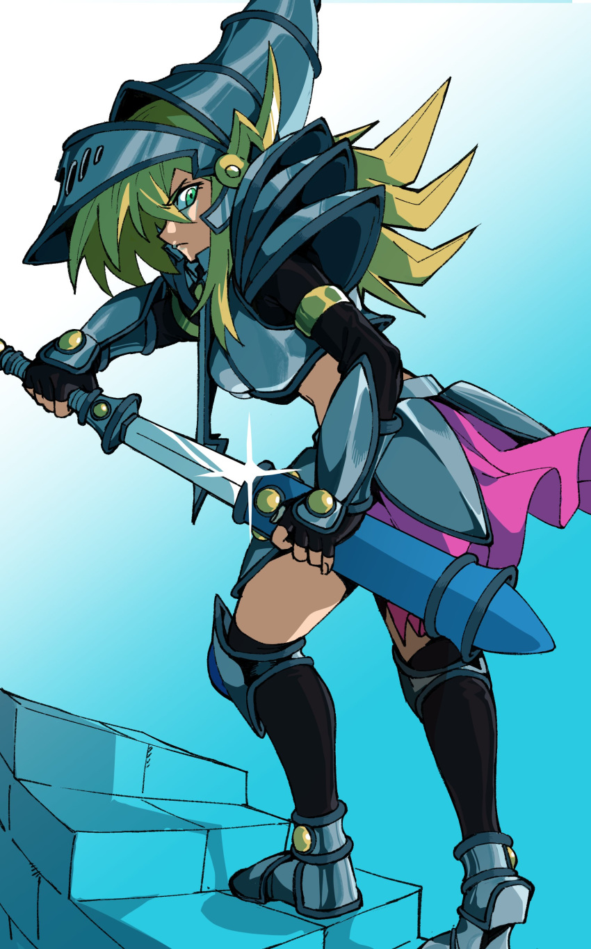 1girl, absurdres, armor, armored_shoes, black_gloves, black_sleeves, black_socks, blonde_hair