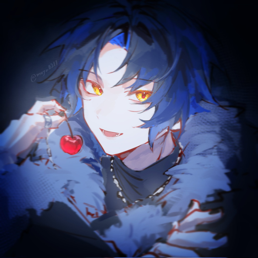1boy, asaba_harumasa, black_hair, black_jacket, black_nails, black_shirt, blurry, blurry_foreground