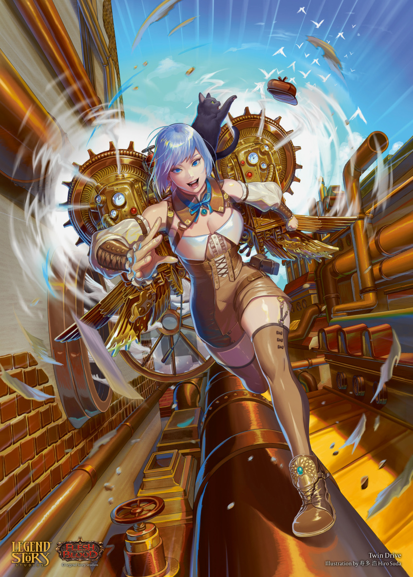 1girl, absurdres, artist_name, bare_shoulders, blue_eyes, breasts, cat, copyright_logo