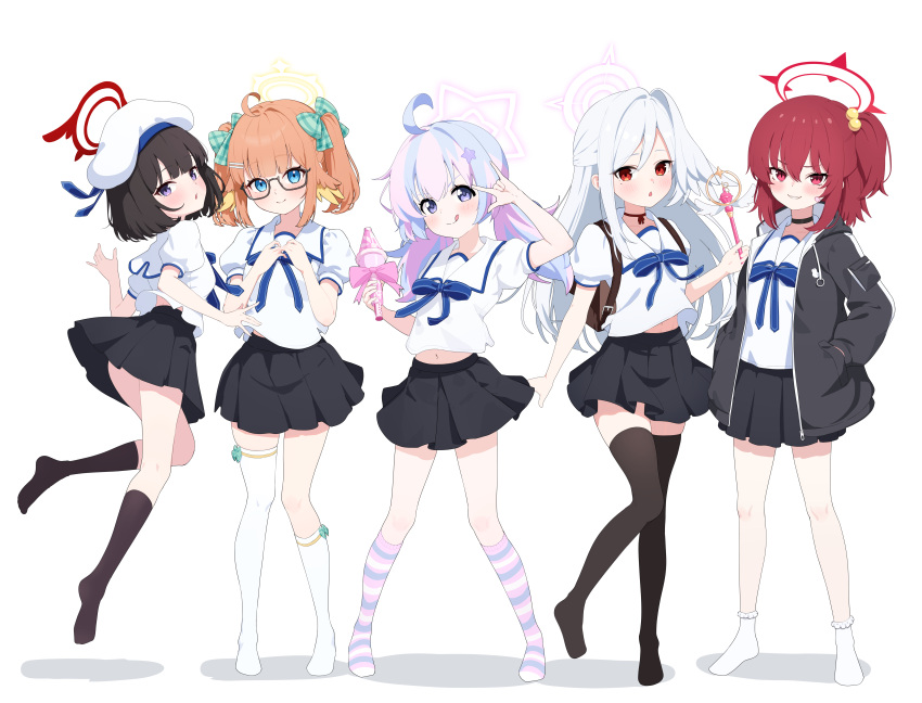 >:), 5girls, :q, \m/, absurdres, aged_down, ahoge, alternate_costume, alternate_hair_length, alternate_hairstyle, asymmetrical_legwear, bandaid, bandaid_on_cheek, bandaid_on_face, beret, black-framed_eyewear, black_choker, black_hair, black_hoodie, black_skirt, black_socks, black_thighhighs, blue_archive, blue_bow, blue_bowtie, blue_eyes, blue_hair, blunt_bangs, blush, bow, bow_legwear, bowtie, choker, closed_mouth, collared_shirt, commentary, fate/kaleid_liner_prisma_illya, fate_(series), feather_hair, full_body, glasses, green_bow, grin, hair_bobbles, hair_bow, hair_intakes, hair_ornament, half_updo, halo, hand_in_pocket, hands_up, hat, highres, holding, holding_wand, homurabara_academy_elementary_school_uniform, hood, hood_down, hoodie, kneehighs, long_hair, looking_at_viewer, low_twintails, mashiro_(blue_archive), medium_hair, midriff_peek, miniskirt, mismatched_legwear, multicolored_hair, multiple_girls, navel, no_shoes, one_side_up, open_clothes, open_hoodie, open_mouth, orange_hair, paid_reward_available, parody, parted_lips, pink_hair, pink_halo, plaid_bow, pleated_skirt, puffy_short_sleeves, puffy_sleeves, rabu_(blue_archive), red_eyes, red_hair, red_halo, reisa_(blue_archive), school_uniform, semi-rimless_eyewear, shimiko_(blue_archive), shirt, short_sleeves, side-by-side, sidelocks, simple_background, single_thighhigh, skirt, slit_pupils, smile, socks, split_mouth, standing, standing_on_one_leg, star_halo, straight_hair, streaked_hair, striped_clothes, striped_socks, suzumi_(blue_archive), tansui_san_(tcjp4784), tareme, thigh-highs, tongue, tongue_out, tsurime, twintails, two-tone_hair, v-shaped_eyebrows, violet_eyes, wand, white_background, white_hair, white_hat, white_shirt, white_socks, white_thighhighs, yellow_halo, zettai_ryouiki