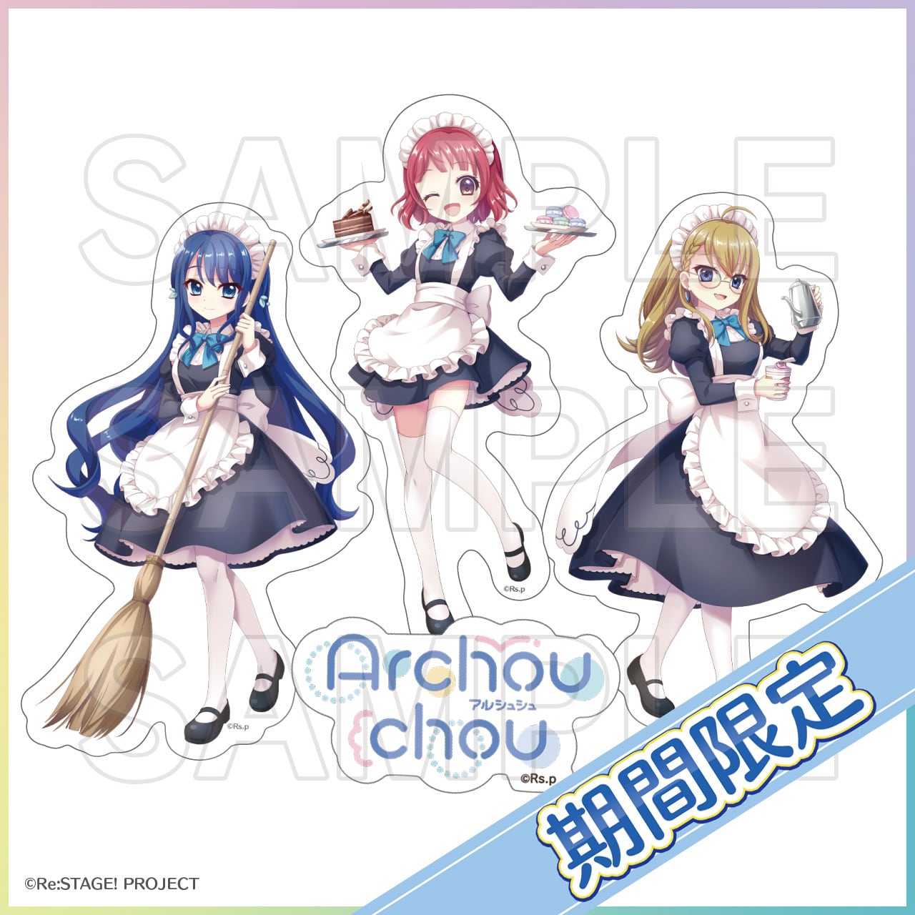 3girls, ;d, ahoge, alternate_costume, apron, archived_source, archouchou, black_dress