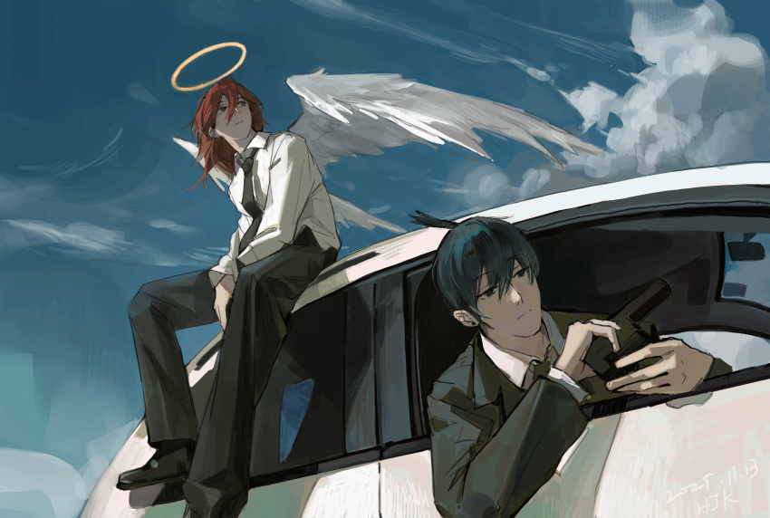 2boys, absurdres, angel, angel_devil_(chainsaw_man), angel_wings, black_hair, black_necktie, black_pants
