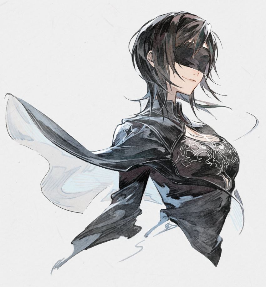 10h_(nier_reincarnation), 10h_(nier_reincarnation)_(cosplay), 1girl, black_cape, black_dress, black_hair, blindfold, breasts, cape, cleavage_cutout, closed_mouth, clothing_cutout, cosplay, cropped_torso, crow0cc, dress, final_fantasy, final_fantasy_vii, final_fantasy_vii:_ever_crisis, grey_background, highres, long_sleeves, nier_(series), nier_reincarnation, official_alternate_costume, short_hair, smile, solo, two-sided_capelet, upper_body, yuffie_kisaragi