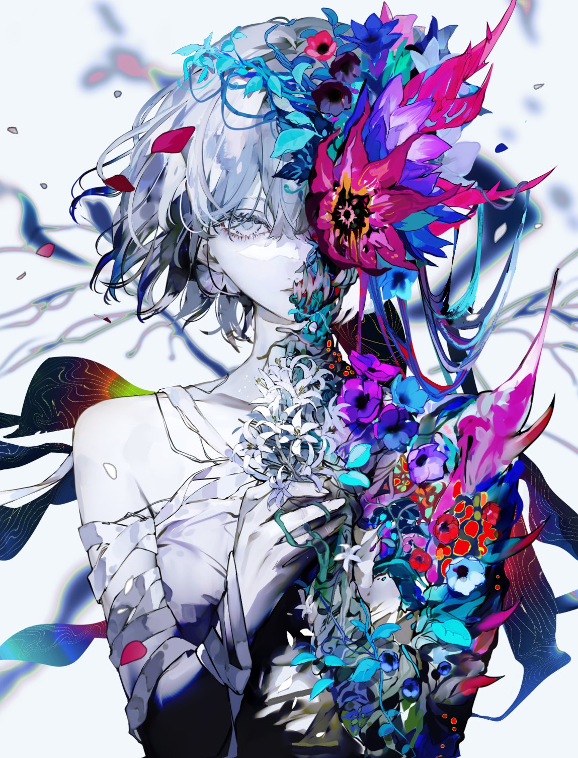 1girl, bandages, blurry, blurry_background, flower, flower_over_eye, highres, looking_at_viewer