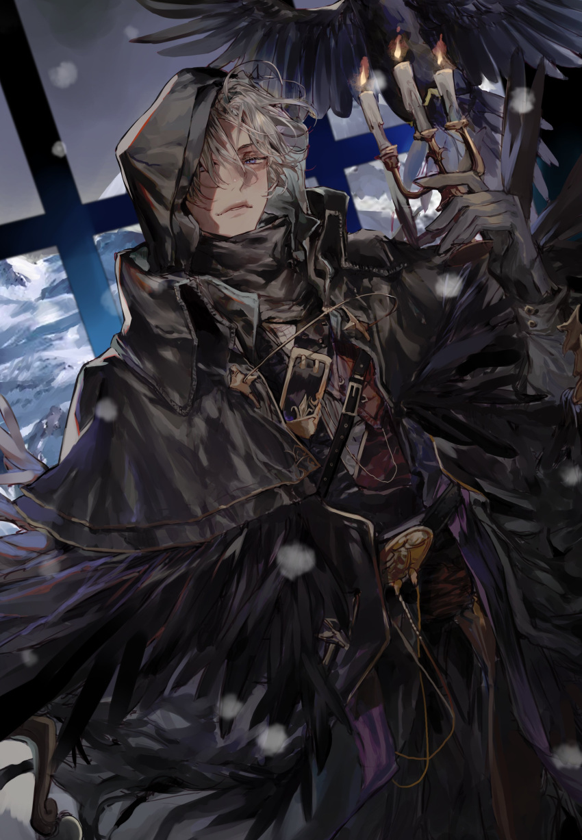 1boy, absurdres, ahoge, belt, bird, bishounen, black_belt, black_bird, black_cloak, black_coat, black_feathers, black_gloves, black_robe, blue_eyes, candle, candlestand, cloak, coat, commentary_request, cowboy_shot, crow, feathers, fire, gloves, grey_gloves, grey_hair, hair_over_one_eye, hand_up, highres, holding, holding_candlestand, hood, hood_up, hooded_cloak, jewelry, kkuekkue_(chifer1958), korean_commentary, long_sleeves, looking_at_viewer, male_focus, mountain, original, parted_lips, robe, short_hair, shoulder_belt, snow, snowing, solo, standing, wallet_chain, white_hair, window