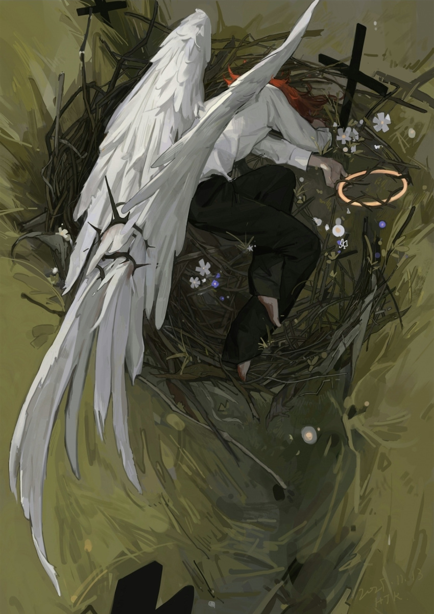 1boy, angel, angel_devil_(chainsaw_man), angel_wings, black_pants, chainsaw_man, chinese_commentary, commentary_request