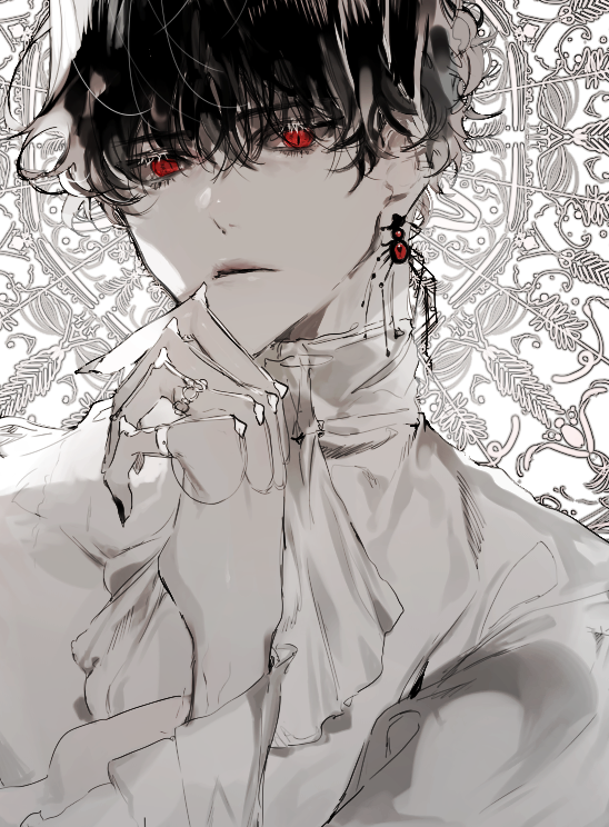1boy, ascot, bishounen, black_hair, black_nails, commentary_request, earrings, eyelashes, fingernails, frilled_sleeves, frills, hair_between_eyes, hand_up, jewelry, kkuekkue_(chifer1958), korean_commentary, long_sleeves, looking_at_viewer, male_focus, multiple_rings, nail_polish, original, red_eyes, ring, sharp_fingernails, shirt, short_hair, solo, spider_earrings, spot_color, upper_body, white_ascot, white_background, white_shirt