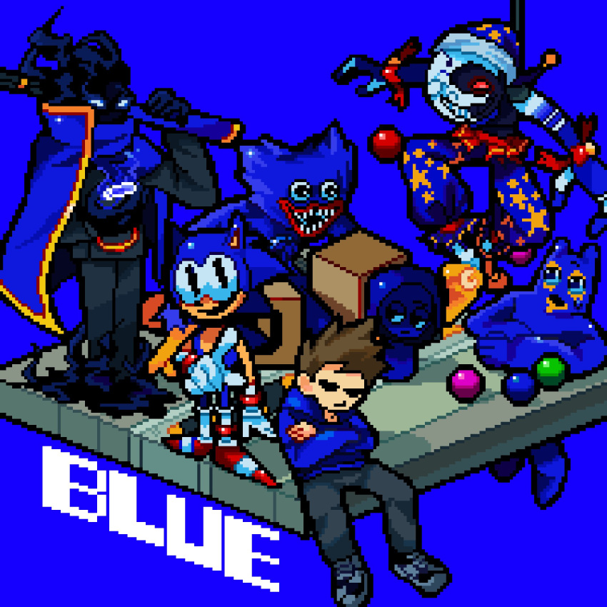 6+boys, 9aaaalt29, :d, black_eyes, black_shoes, blank_eyes, blue_background, blue_fur