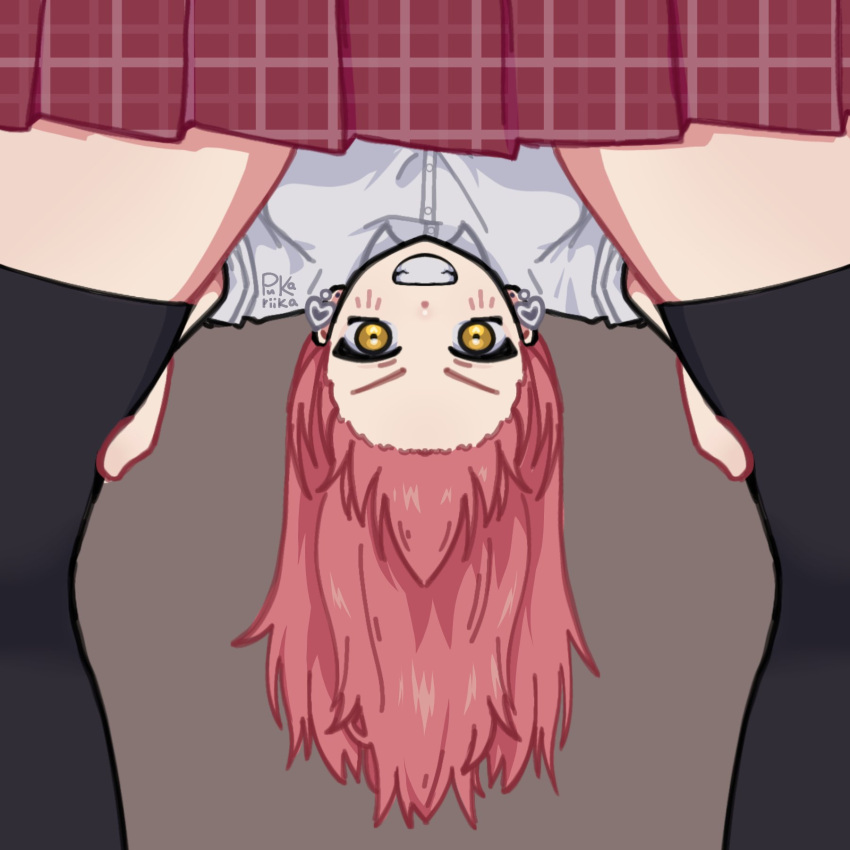 1girl, checkered_clothes, checkered_skirt, commentary, earrings, english_commentary, gina_(undead_unluck), hair_down
