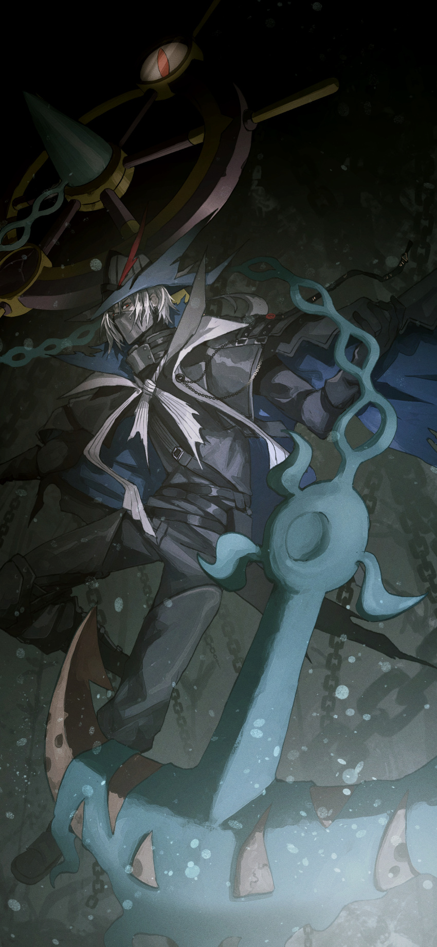 1boy, absurdres, air_bubble, arknights, black_boots, black_gloves, black_hat, black_jacket